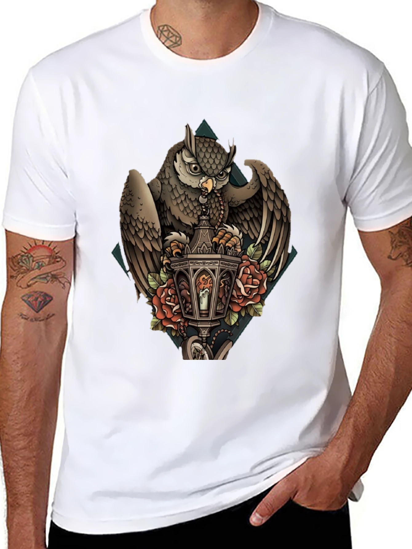 Owl & Lantern Graphic T-Shirt - Unique Bird Design