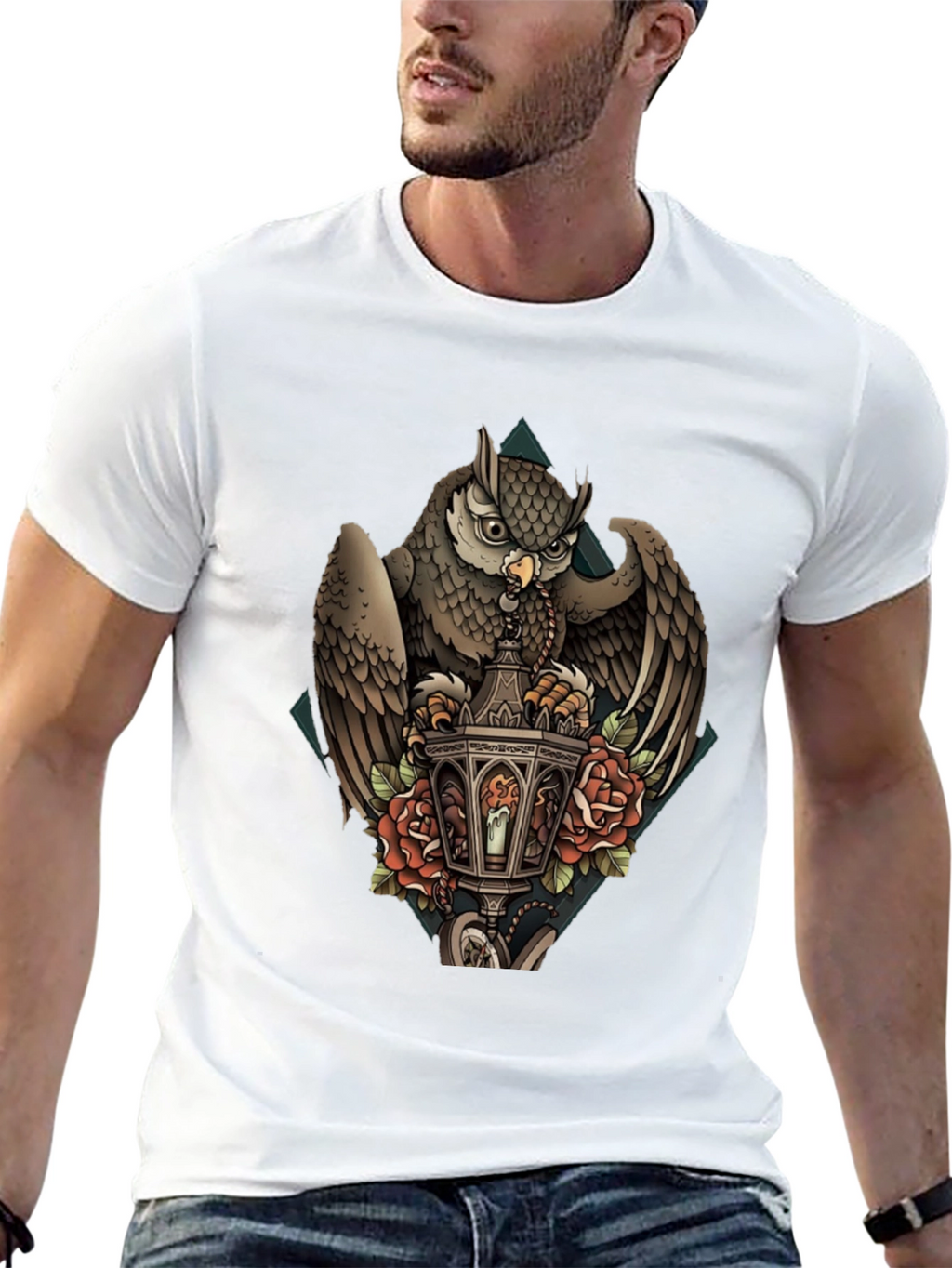 Owl & Lantern Graphic T-Shirt - Unique Bird Design