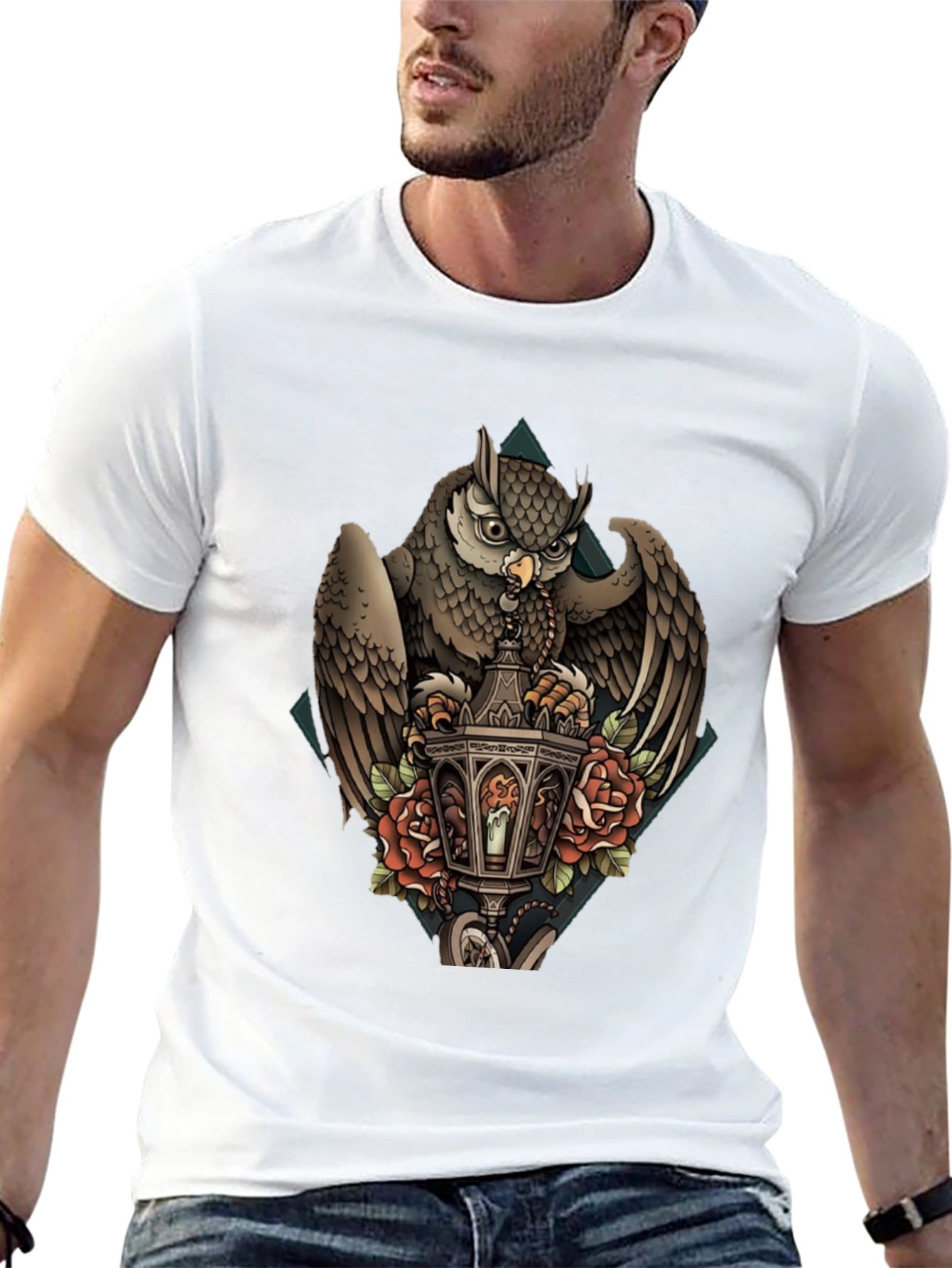 Owl & Lantern Graphic T-Shirt - Unique Bird Design