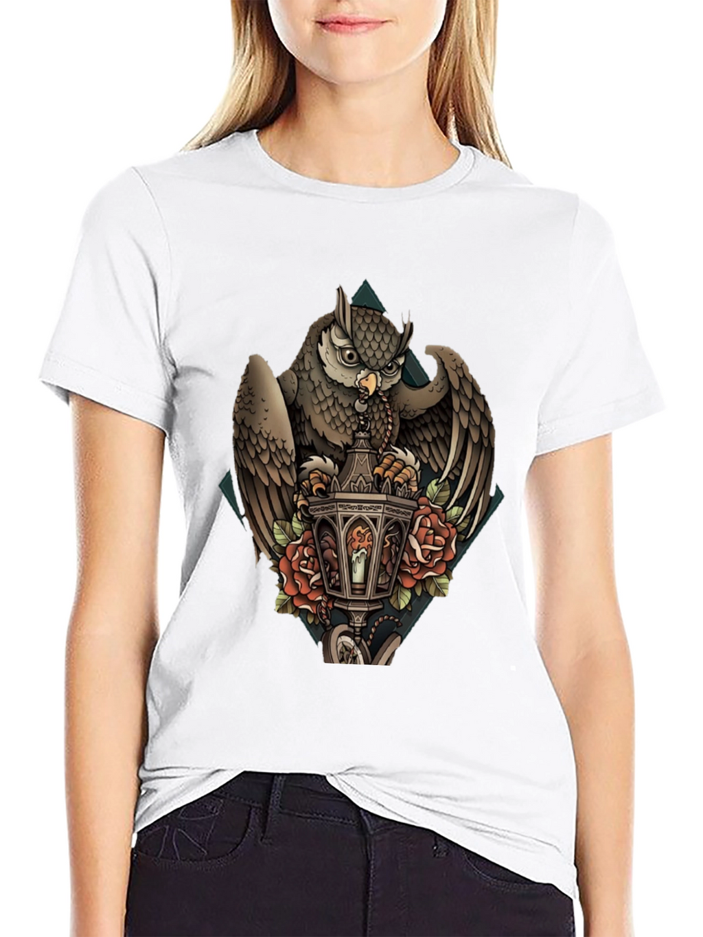 Owl & Lantern Graphic T-Shirt - Unique Bird Design
