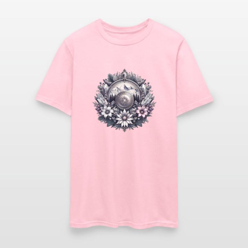 Medallion with majestic mountains and flowers