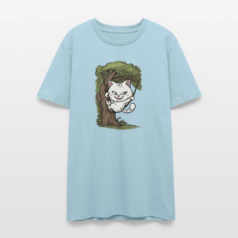 Mischievous White Cat Swinging On Tree, Rope Swing