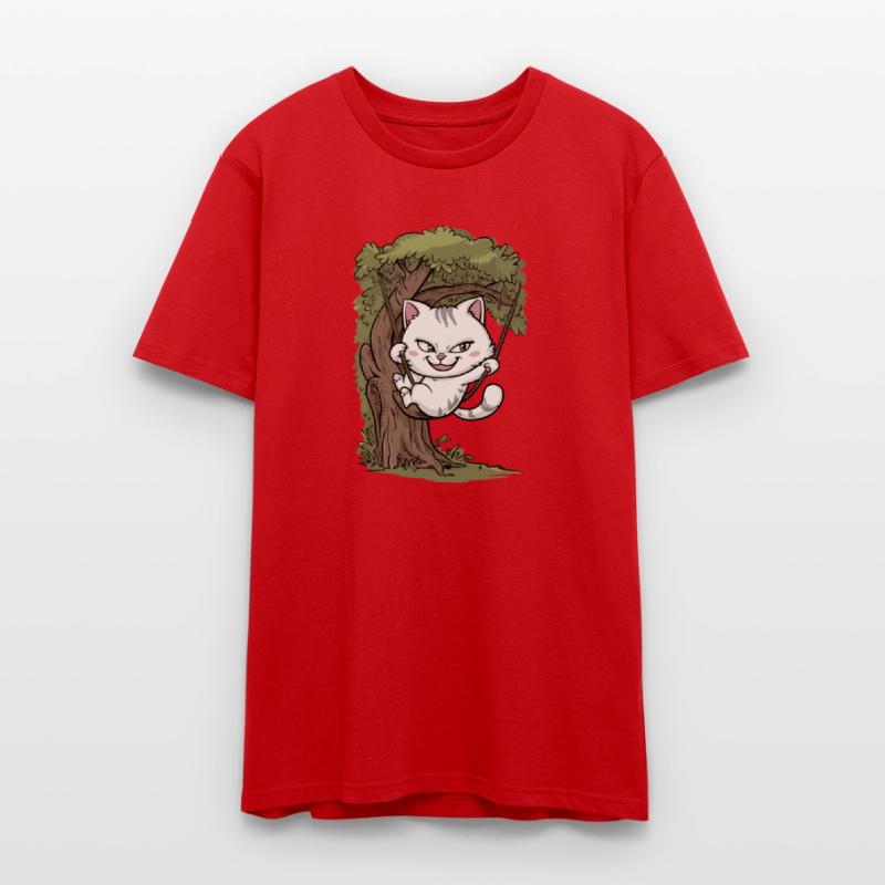 Mischievous White Cat Swinging On Tree, Rope Swing