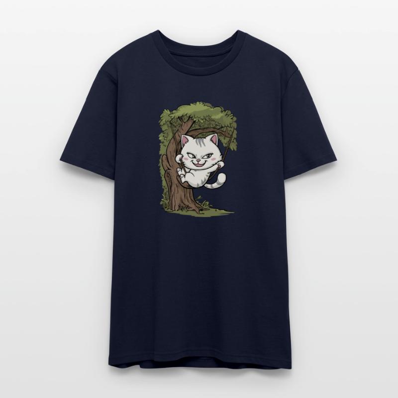 Mischievous White Cat Swinging On Tree, Rope Swing