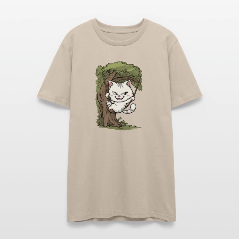 Mischievous White Cat Swinging On Tree, Rope Swing