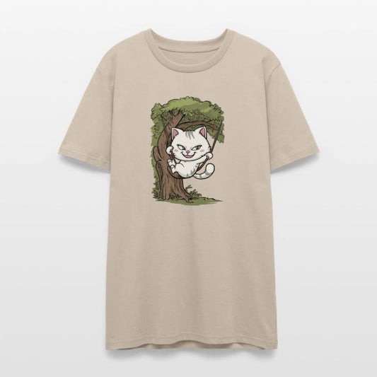 Mischievous White Cat Swinging On Tree, Rope Swing