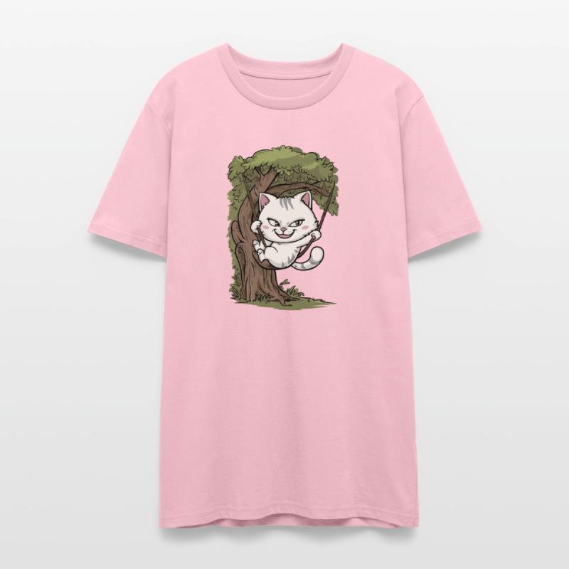 Mischievous White Cat Swinging On Tree, Rope Swing