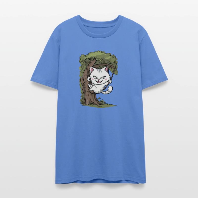 Mischievous White Cat Swinging On Tree, Rope Swing