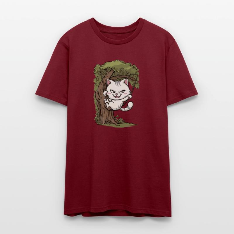 Mischievous White Cat Swinging On Tree, Rope Swing