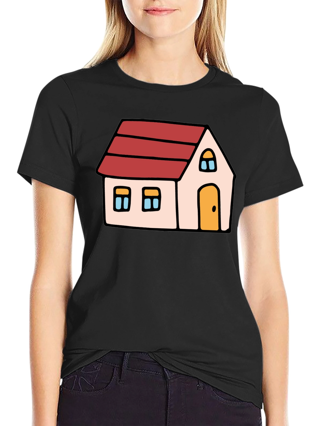 Cartoon House Graphic Tee - Black Cotton Blend