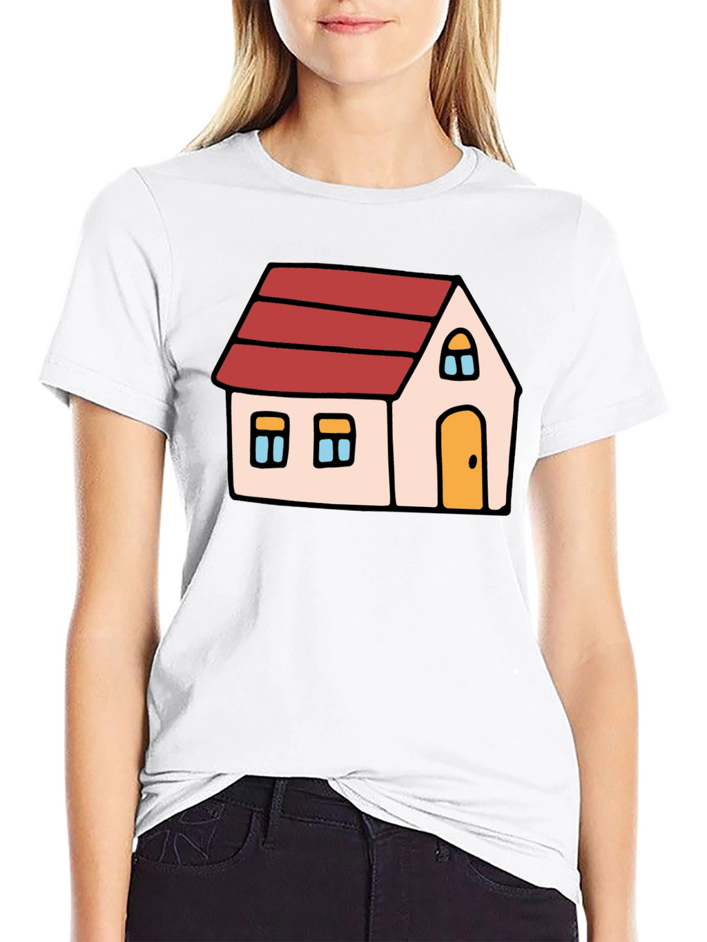 Cartoon House Graphic Tee - Black Cotton Blend