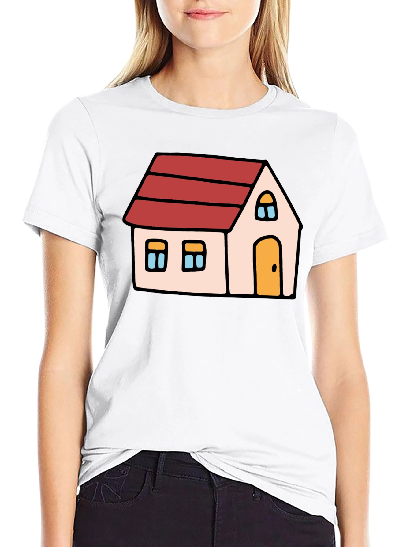 Cartoon House Graphic Tee - Black Cotton Blend