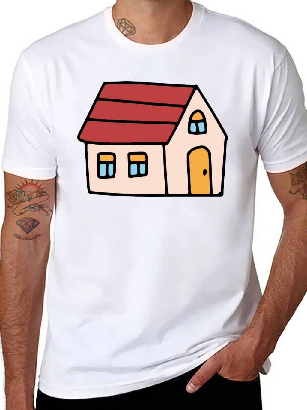 Cartoon House Graphic Tee - Black Cotton Blend