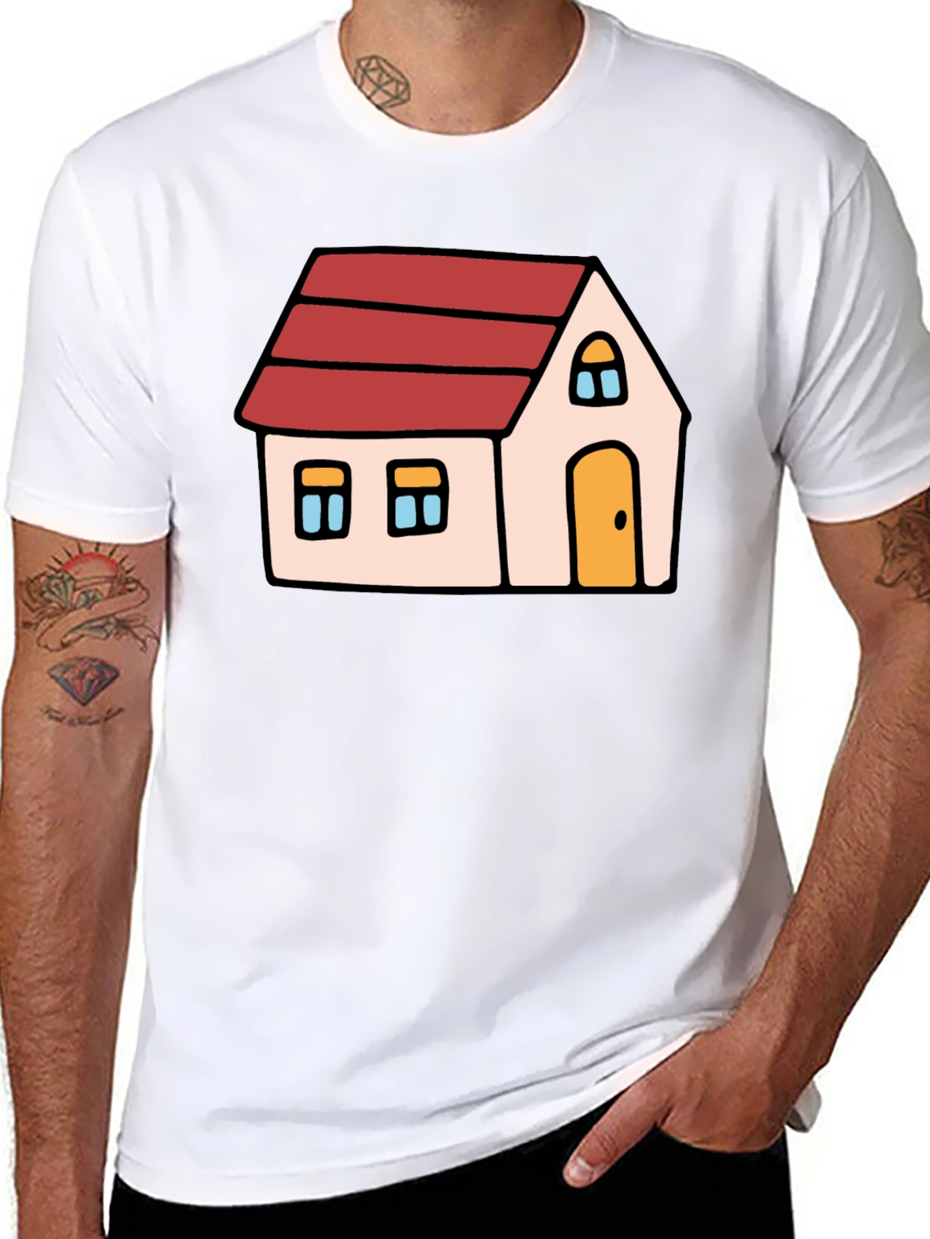 Cartoon House Graphic Tee - Black Cotton Blend