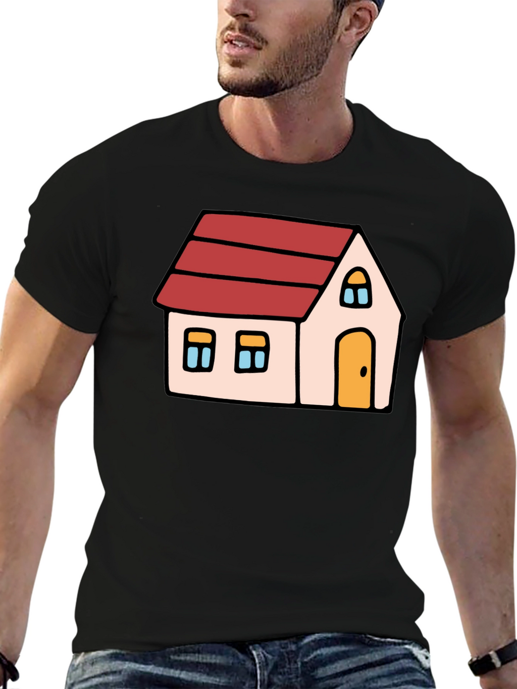 Cartoon House Graphic Tee - Black Cotton Blend