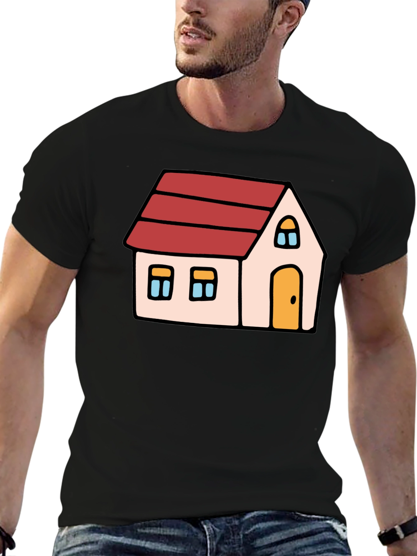 Cartoon House Graphic Tee - Black Cotton Blend