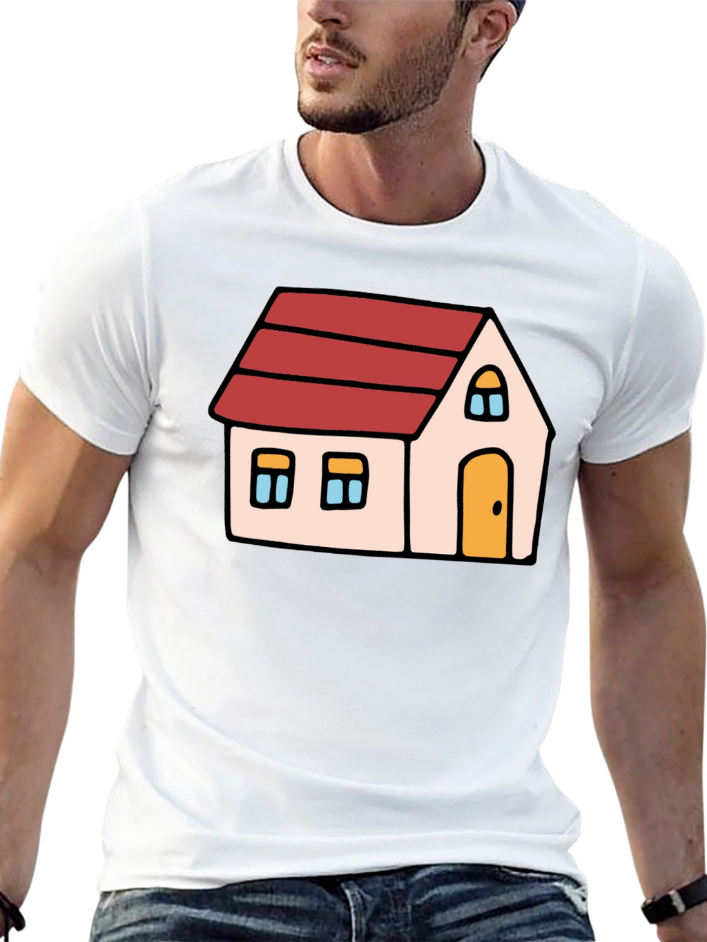 Cartoon House Graphic Tee - Black Cotton Blend