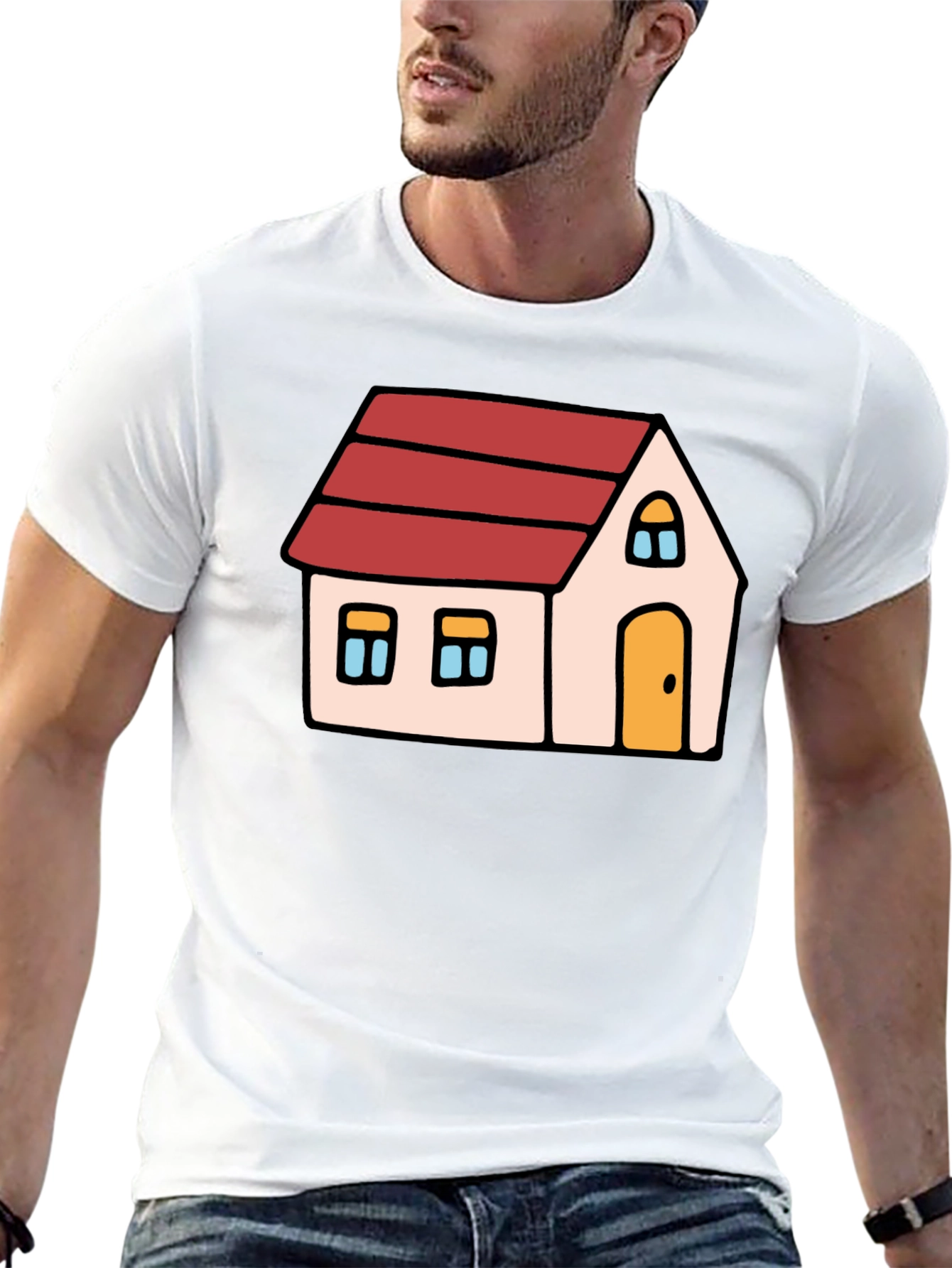 Cartoon House Graphic Tee - Black Cotton Blend