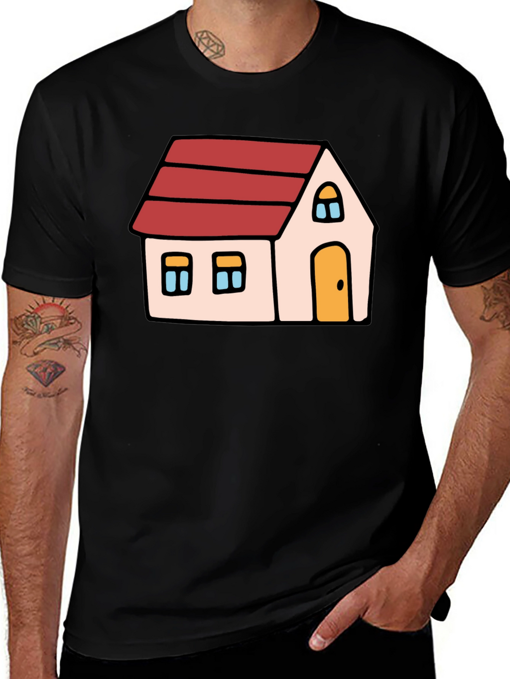 Cartoon House Graphic Tee - Black Cotton Blend
