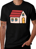 Cartoon House Graphic Tee - Black Cotton Blend
