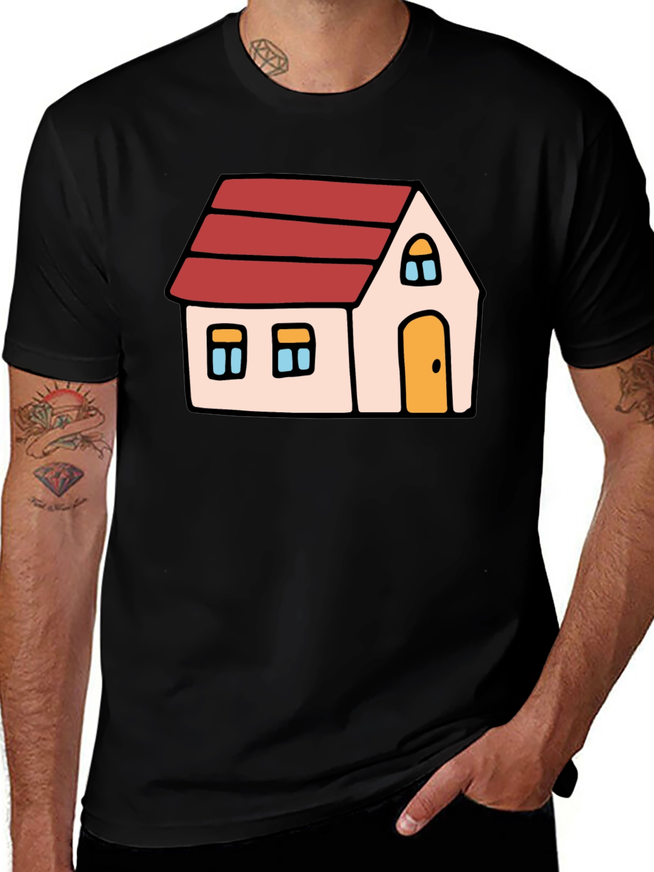 Cartoon House Graphic Tee - Black Cotton Blend