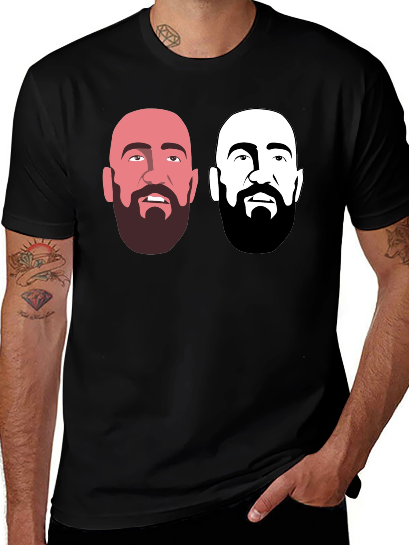Mens Black Graphic T-Shirt - Bearded Faces Design