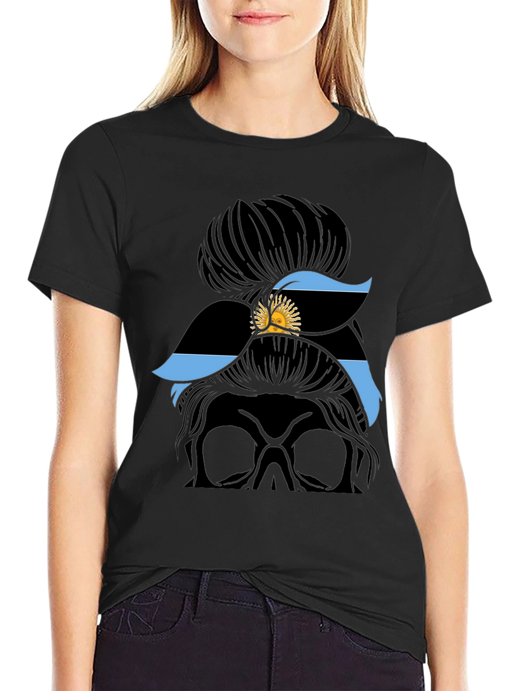 Messy Bun Skull Argentina Flag T-Shirt