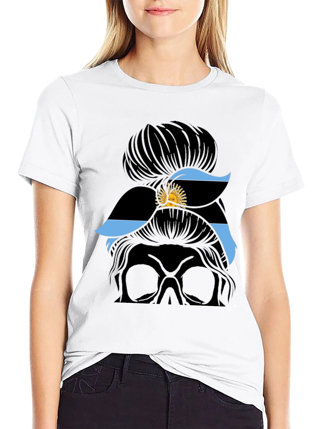Messy Bun Skull Argentina Flag T-Shirt