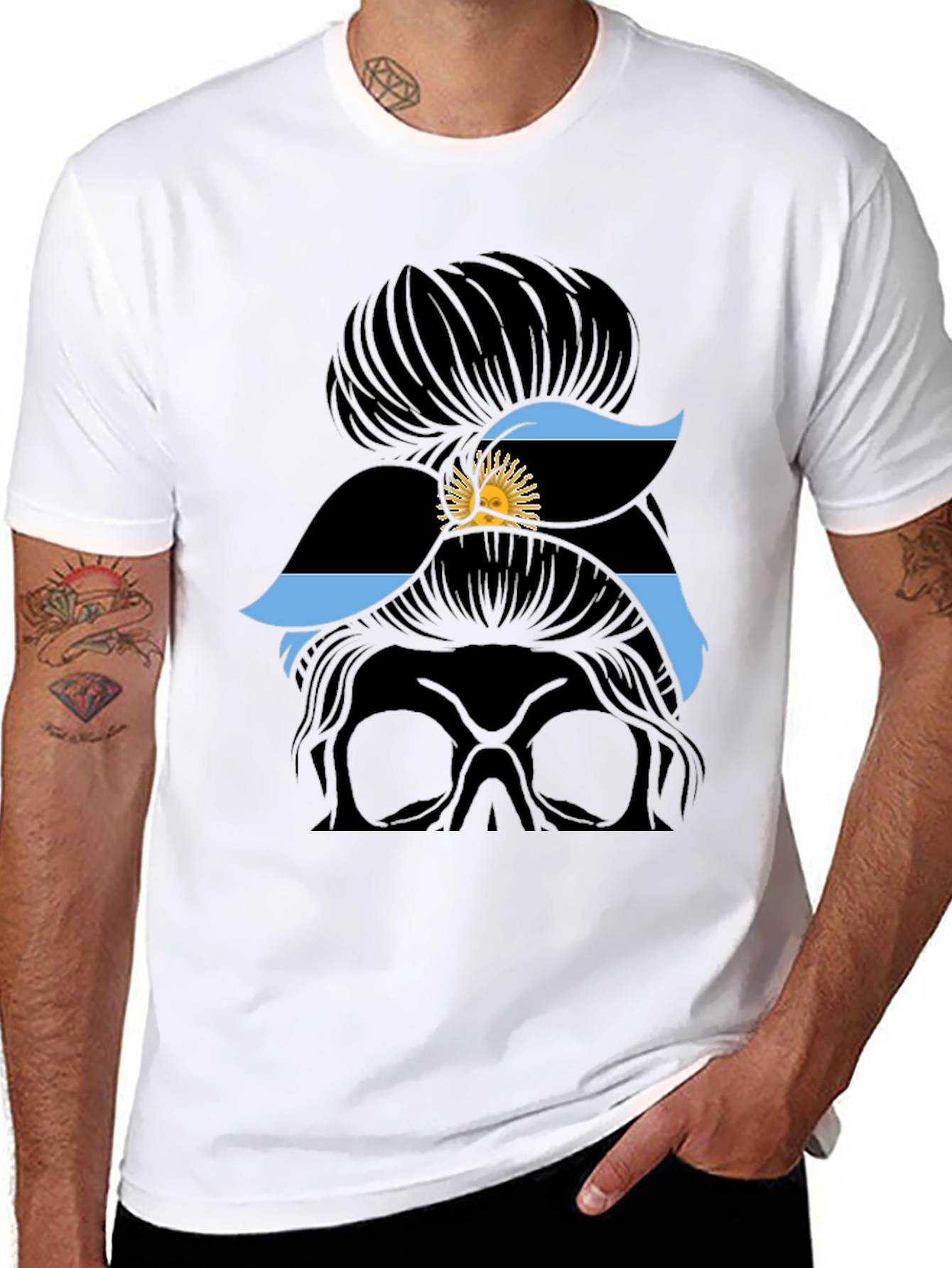 Messy Bun Skull Argentina Flag T-Shirt