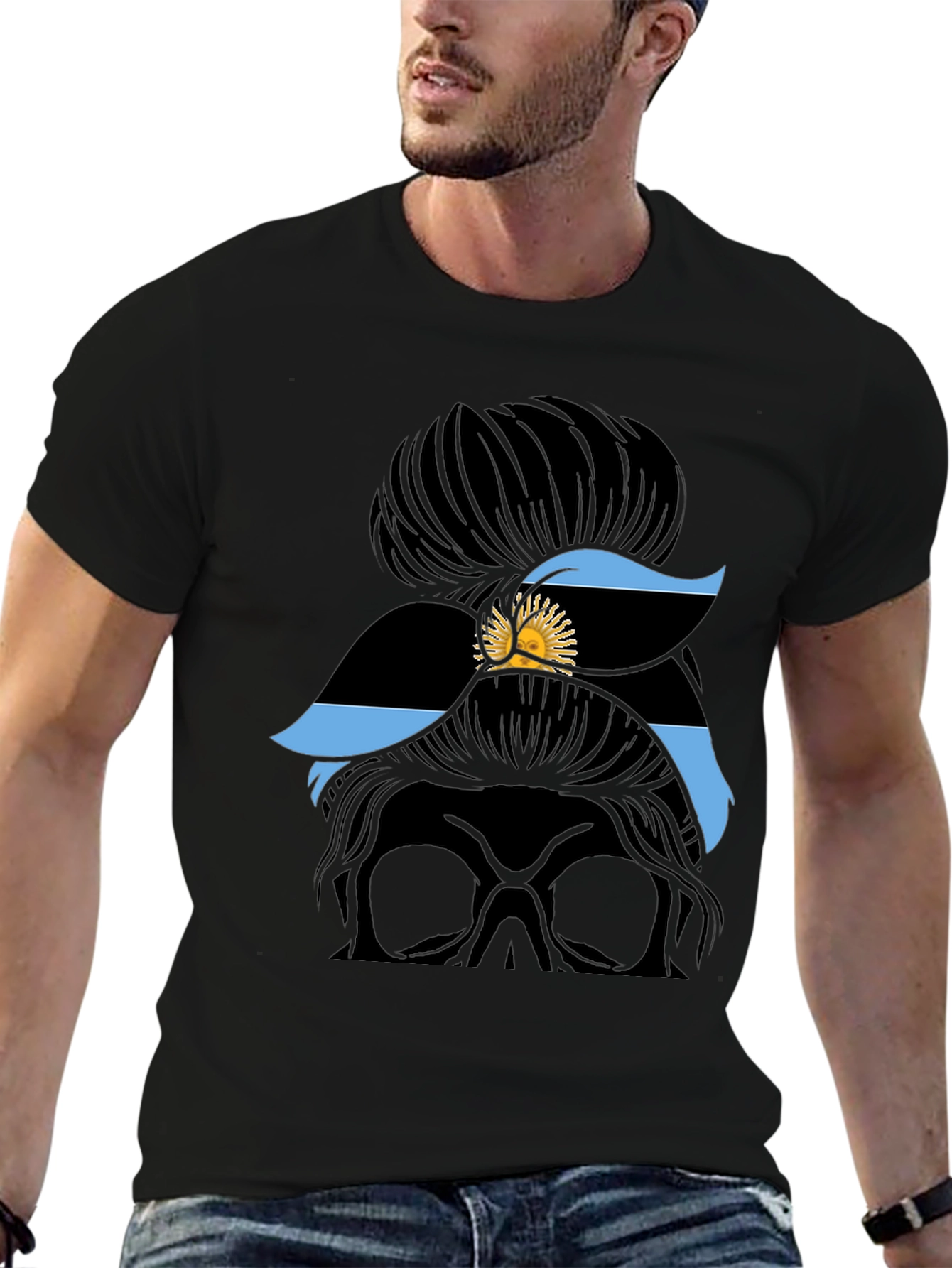 Messy Bun Skull Argentina Flag T-Shirt