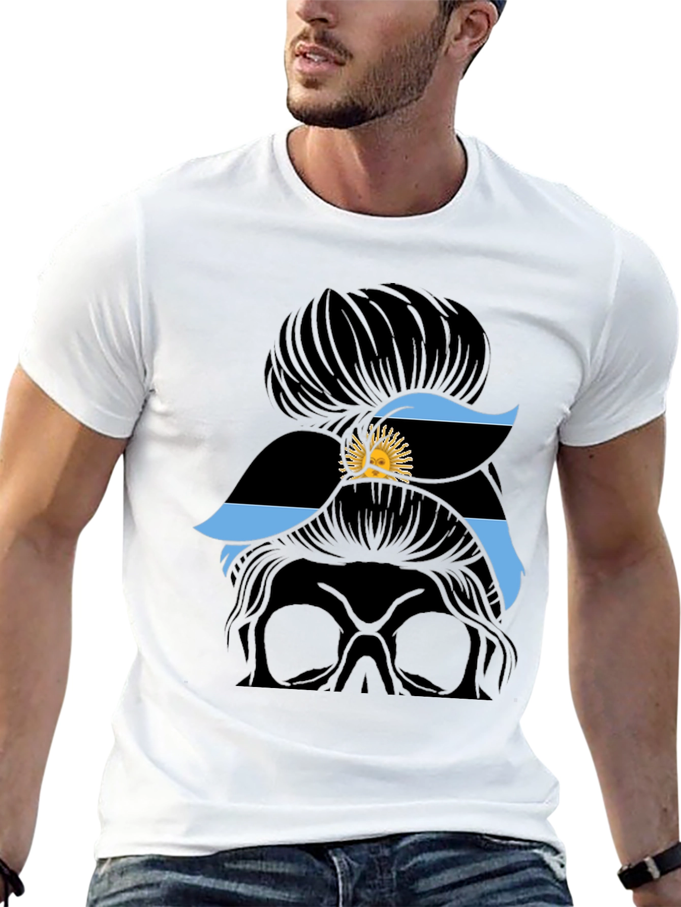 Messy Bun Skull Argentina Flag T-Shirt