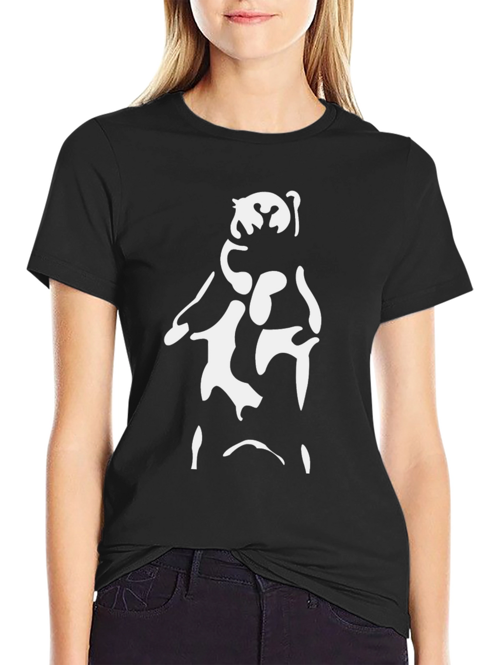 Abstract Bear Graphic Tee - Black Cotton Blend Shirt