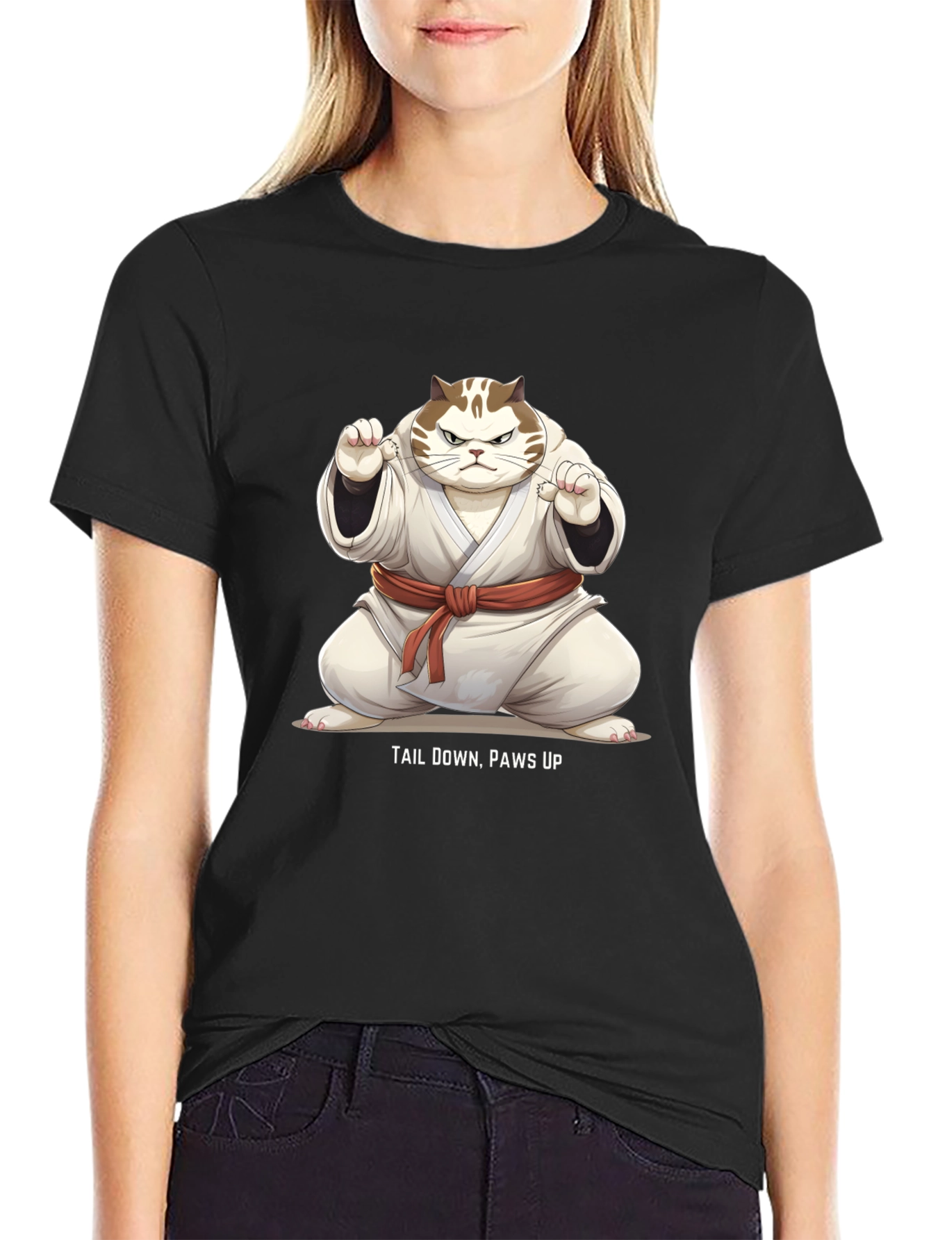 Funny Karate Cat T-Shirt - Tail Down Paws Up!