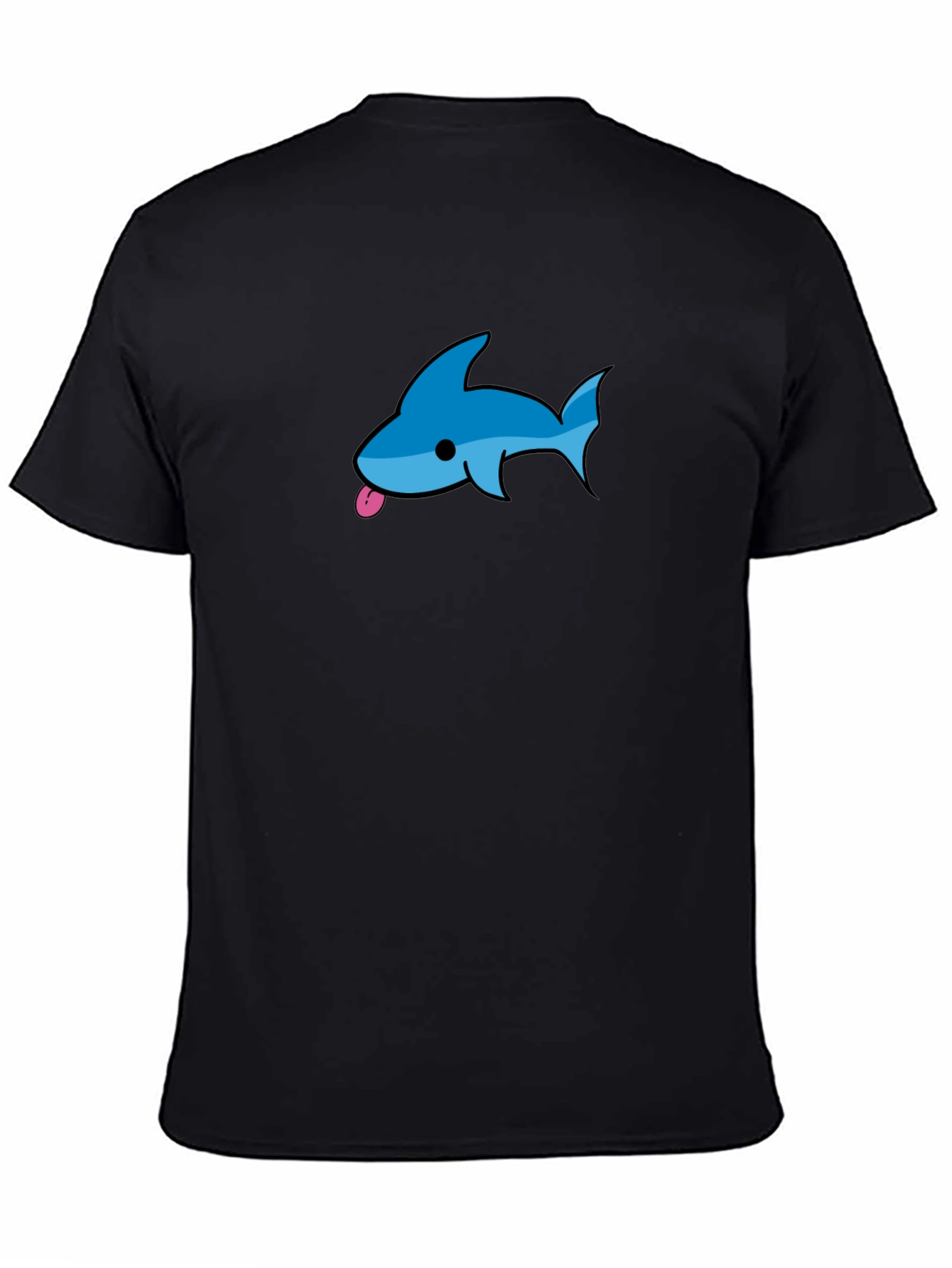 Mens Black T-Shirt with Blue Cartoon Shark Design