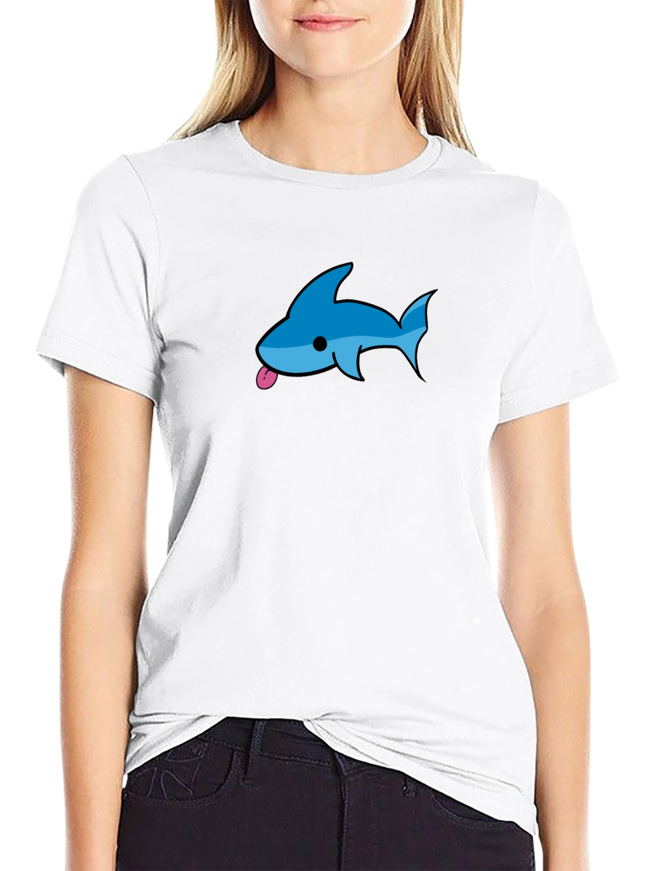 Mens Black T-Shirt with Blue Cartoon Shark Design