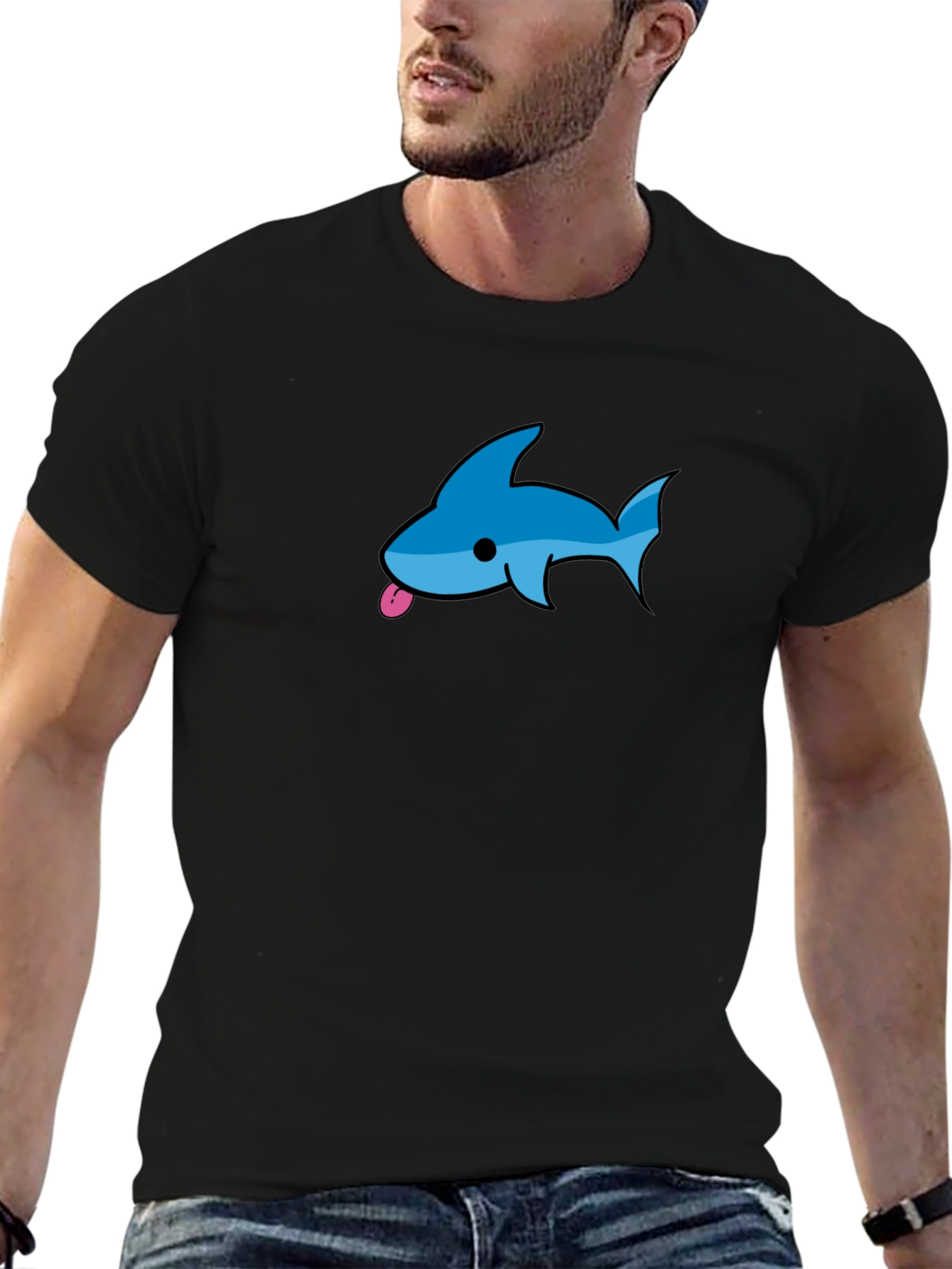 Mens Black T-Shirt with Blue Cartoon Shark Design