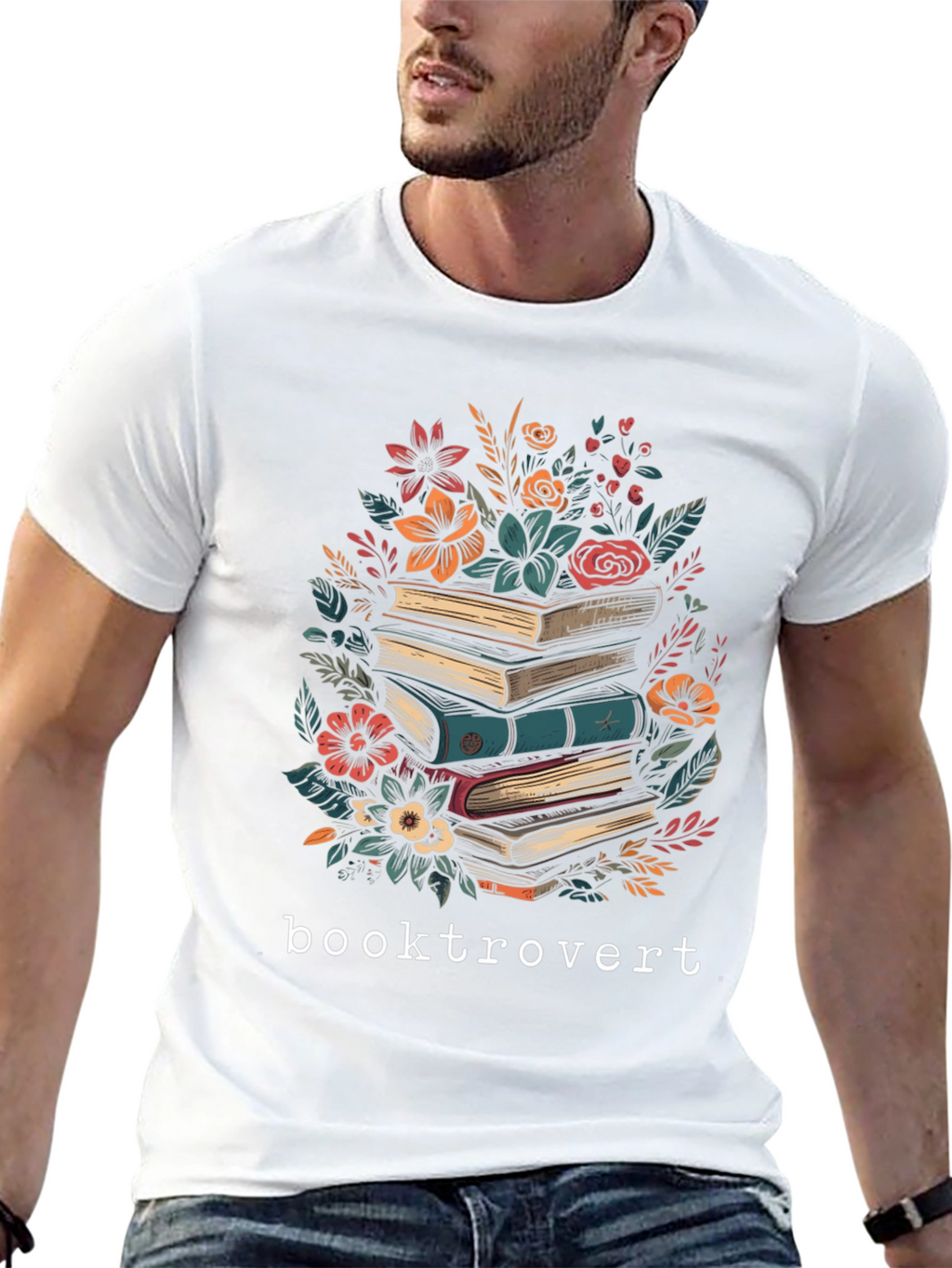 Booktrovert T-Shirt: Floral Book Stack Design