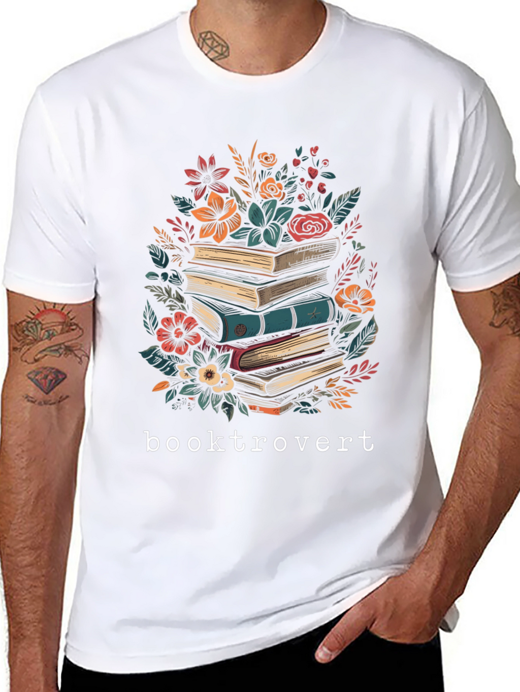Booktrovert T-Shirt: Floral Book Stack Design