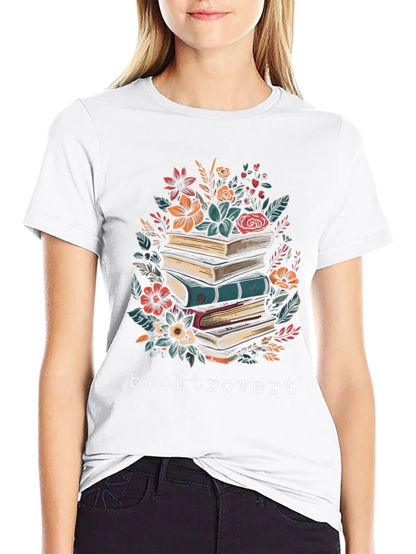 Booktrovert T-Shirt: Floral Book Stack Design