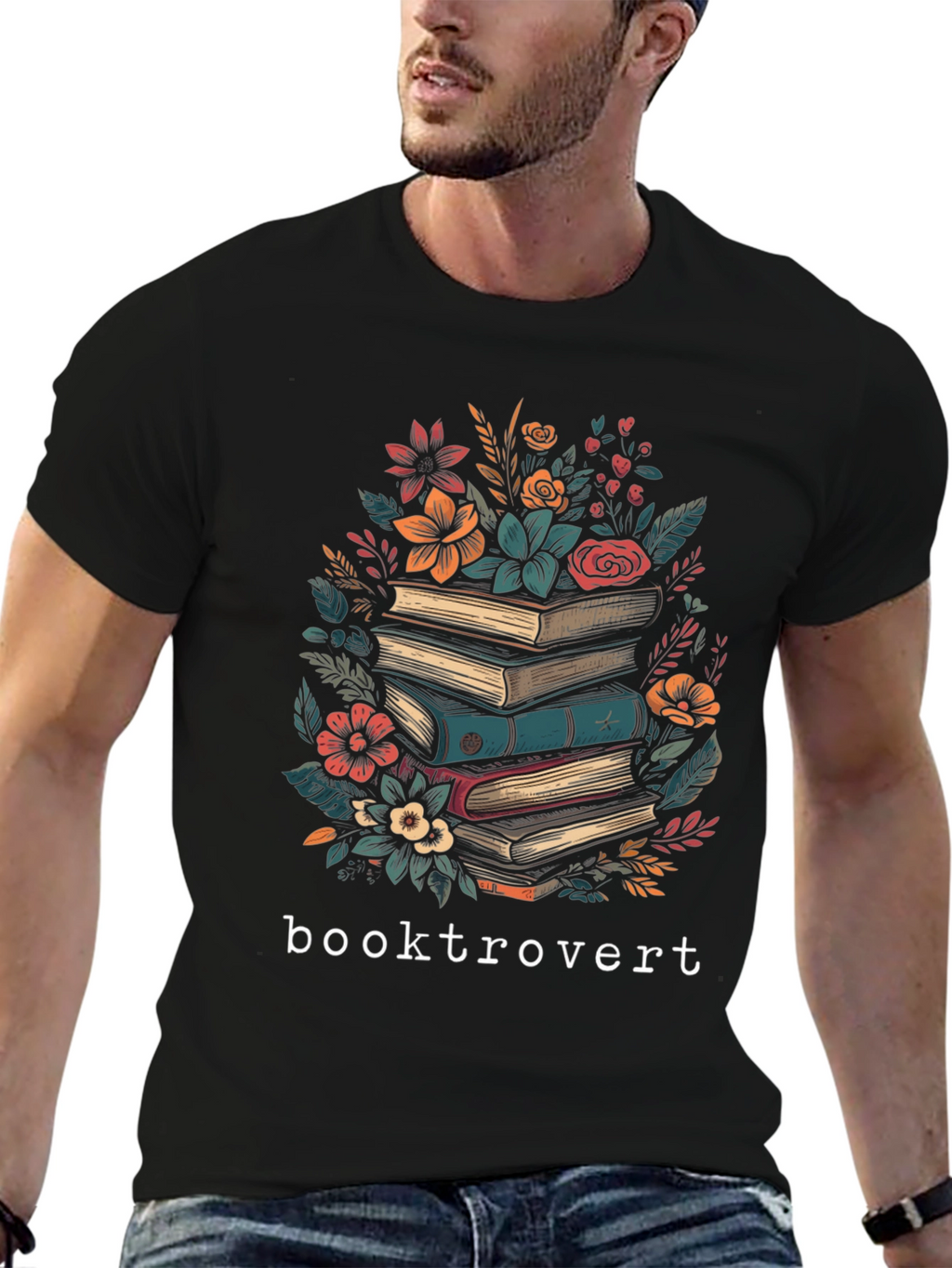 Booktrovert T-Shirt: Floral Book Stack Design