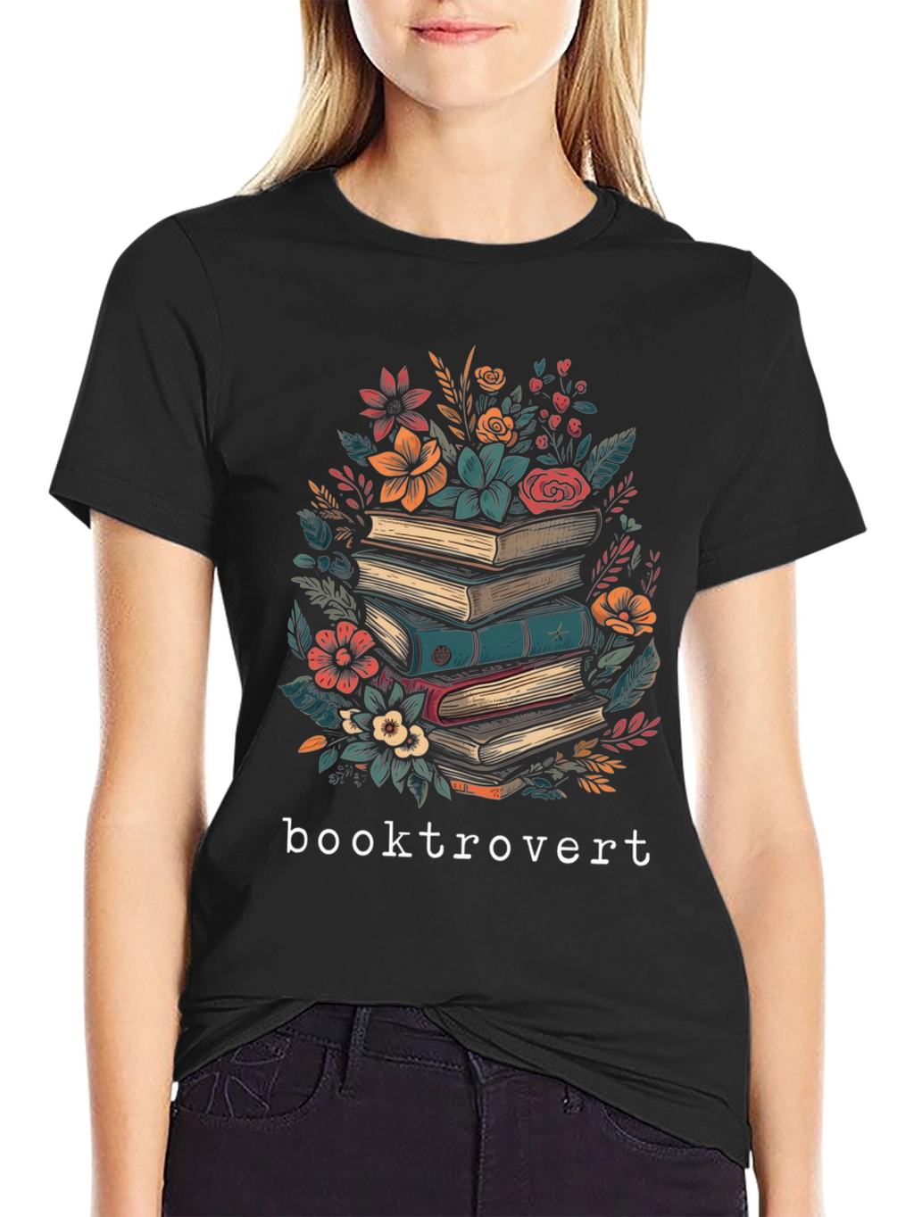 Booktrovert T-Shirt: Floral Book Stack Design