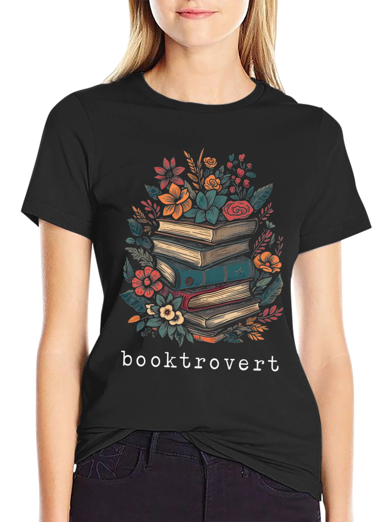 Booktrovert T-Shirt: Floral Book Stack Design