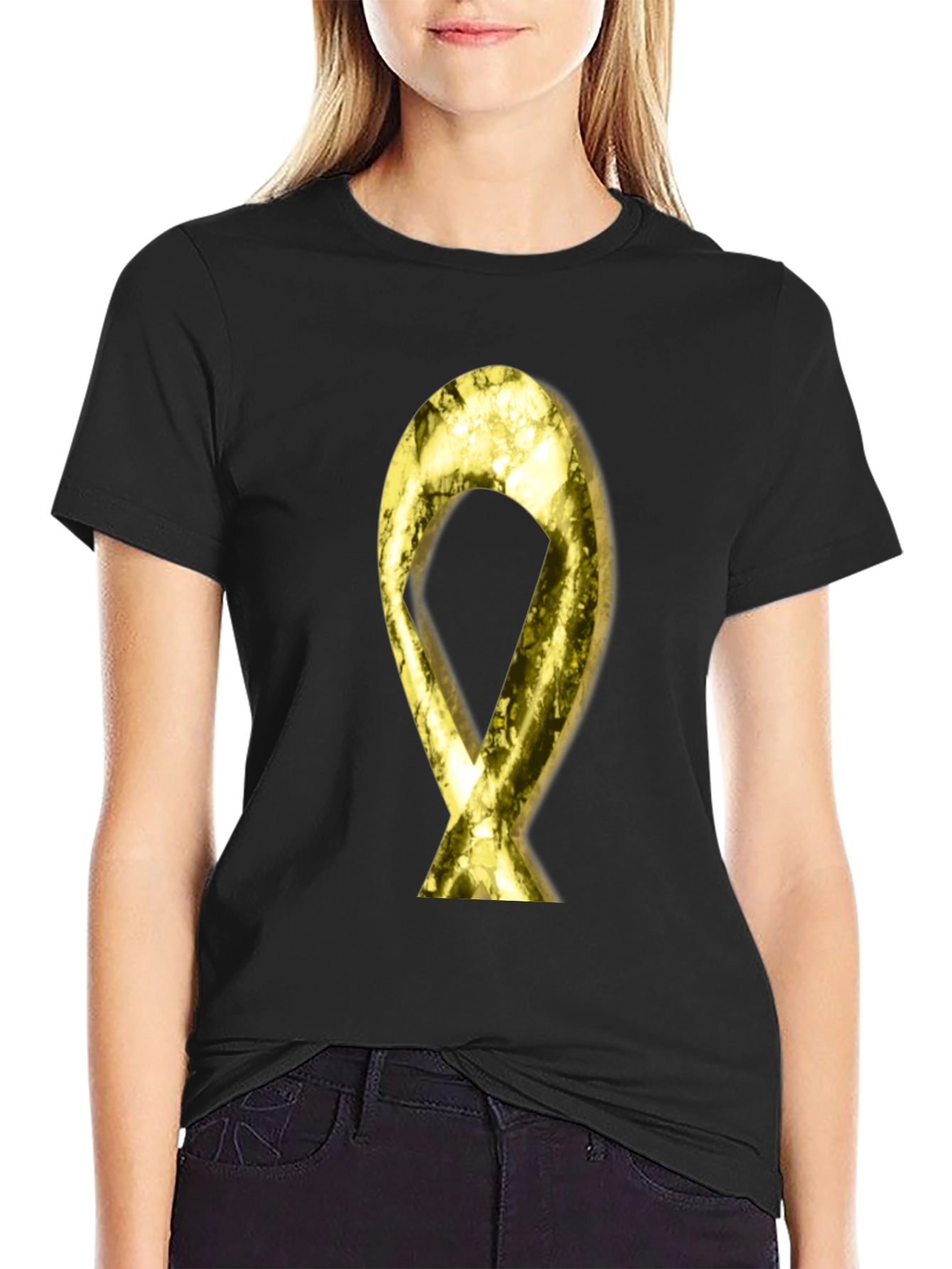 Gold Ribbon Graphic Black T-Shirt