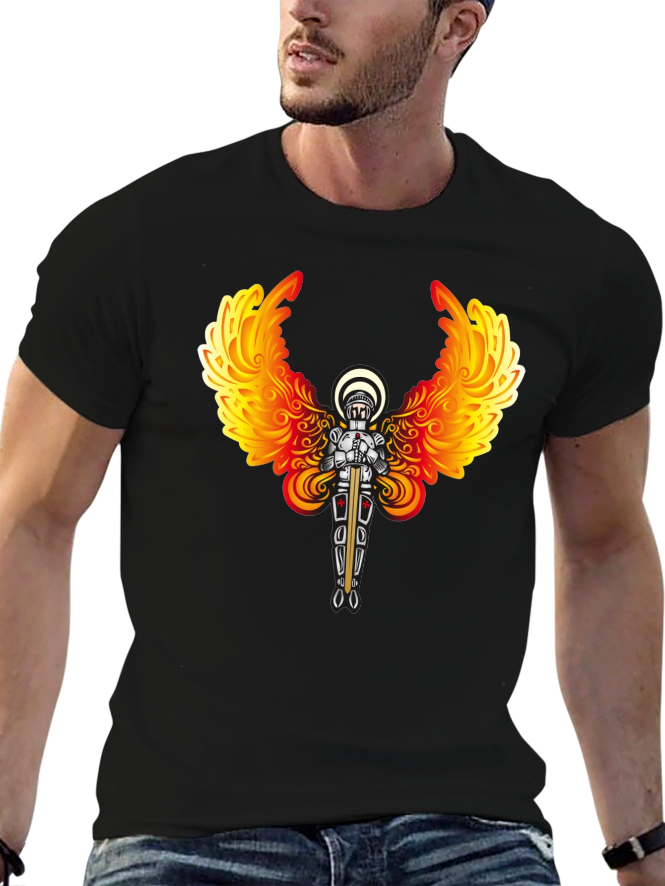 Fiery Angel Knight Graphic Tee - Black
