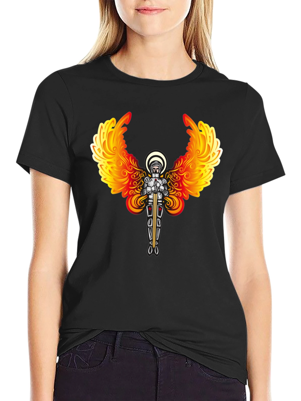 Fiery Angel Knight Graphic Tee - Black