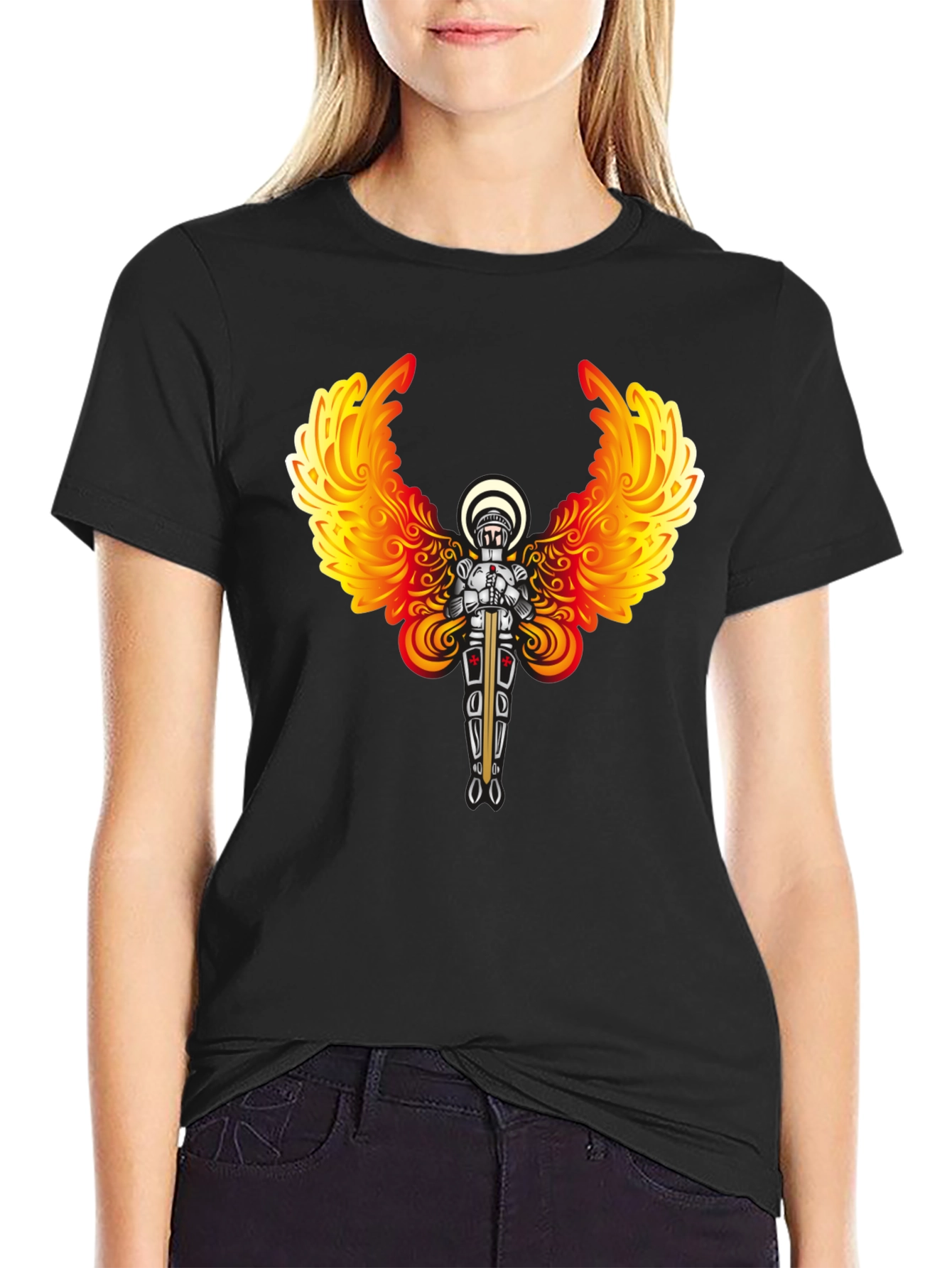 Fiery Angel Knight Graphic Tee - Black