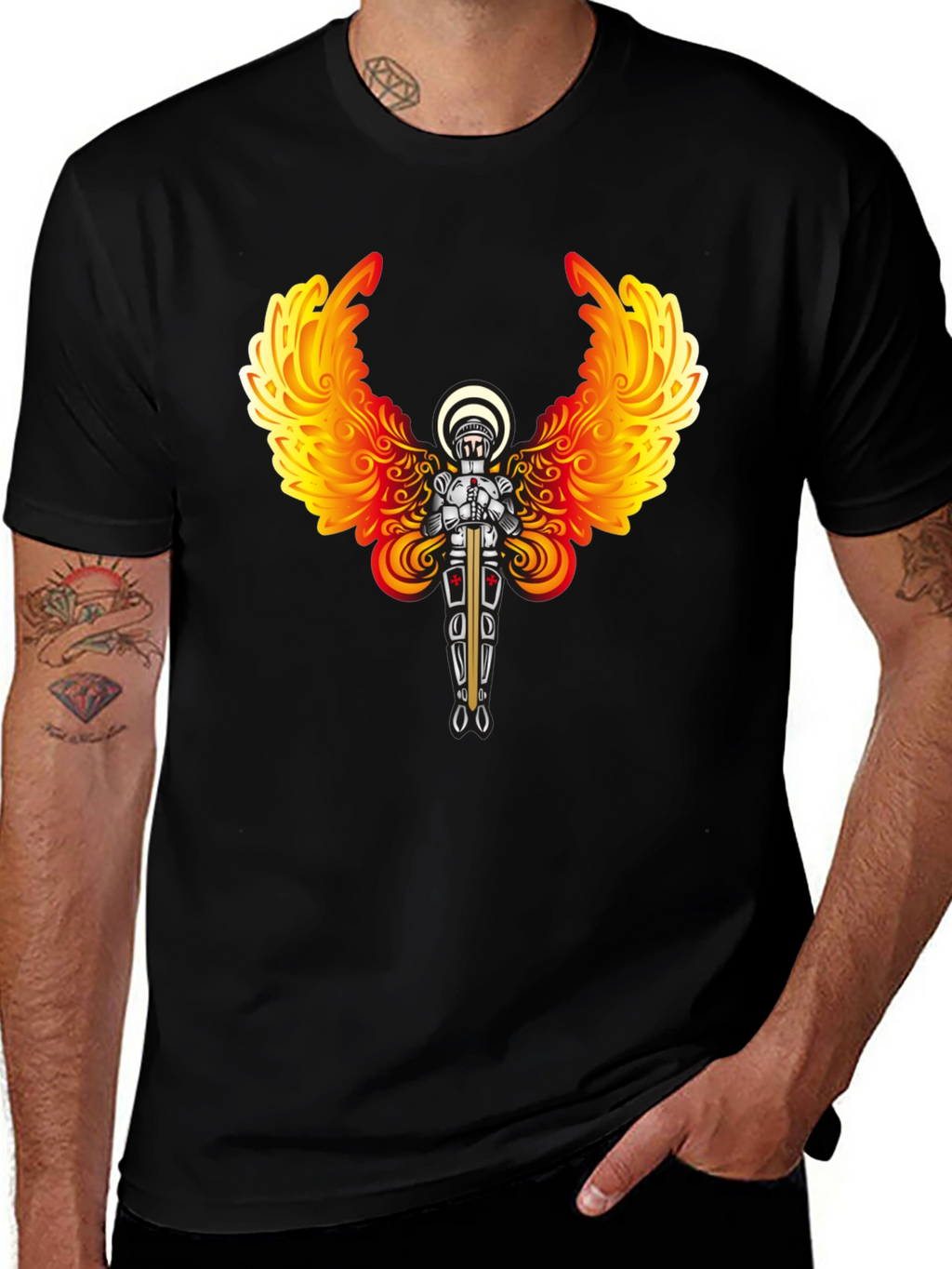 Fiery Angel Knight Graphic Tee - Black