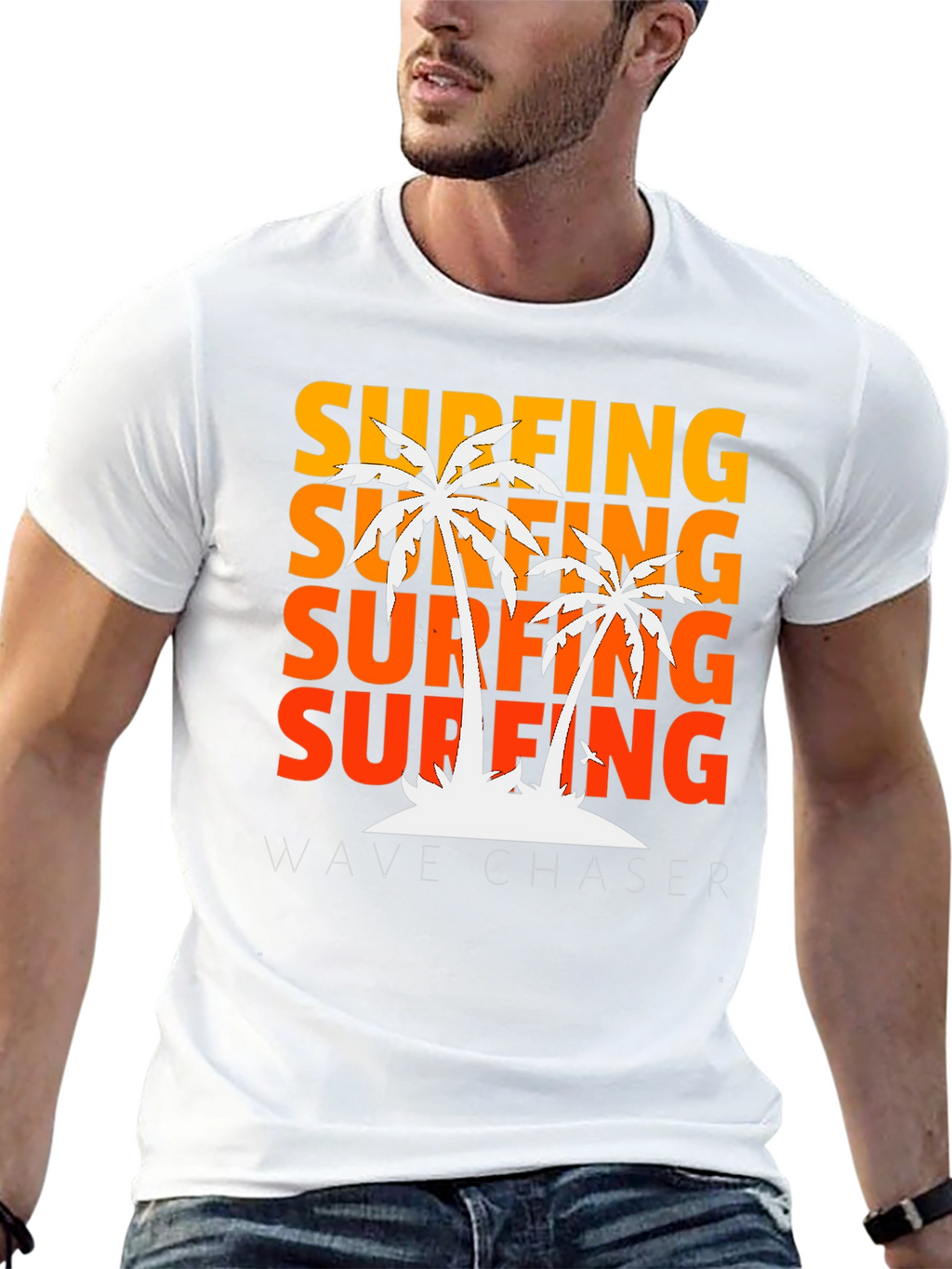 Surfing Wave Chaser Black T-Shirt with Palm Tree Design