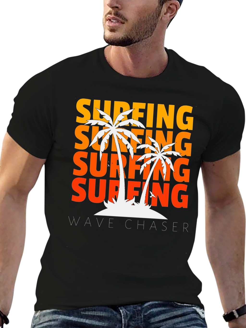 Surfing Wave Chaser Black T-Shirt with Palm Tree Design