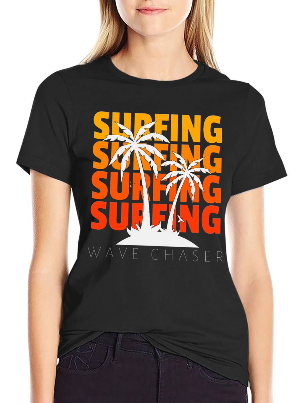 Surfing Wave Chaser Black T-Shirt with Palm Tree Design